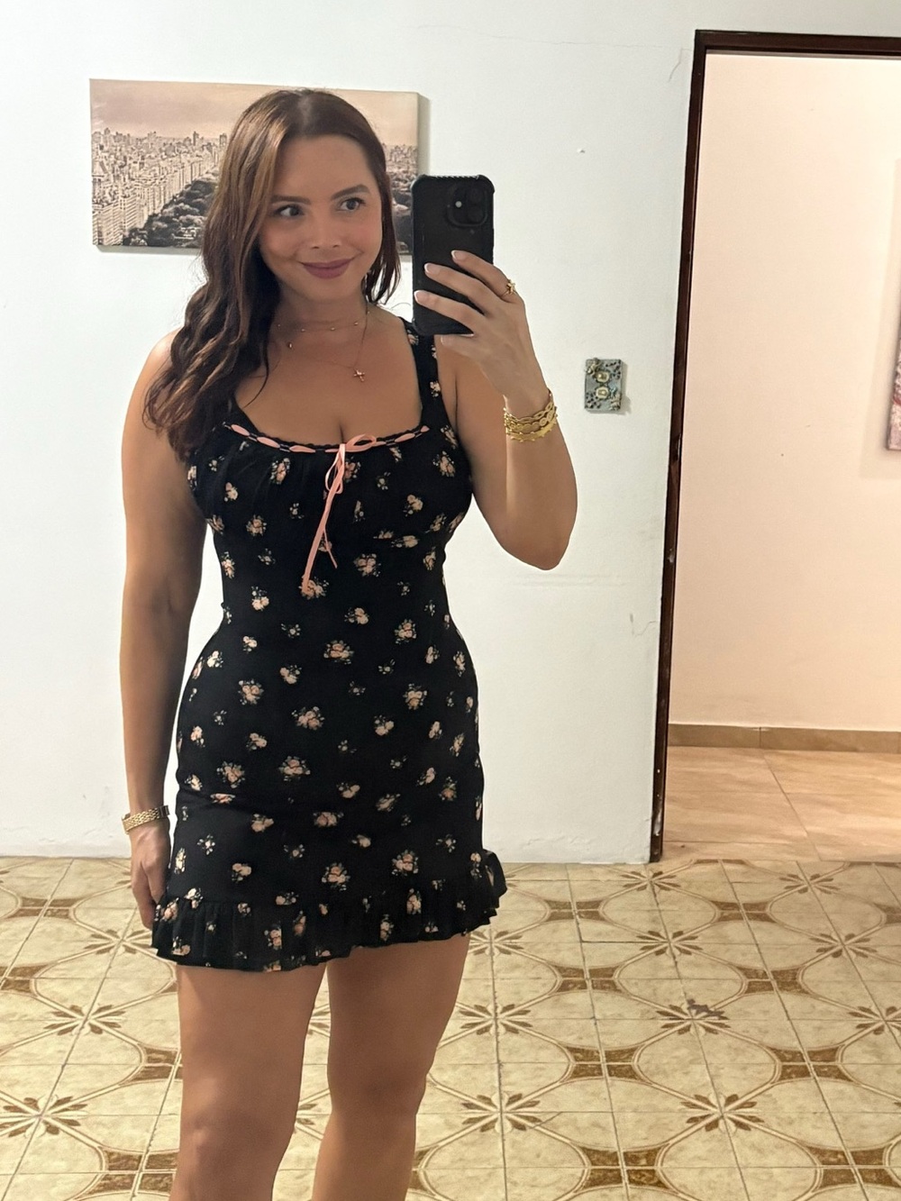 Black Floral Tie-Front Mini Dress